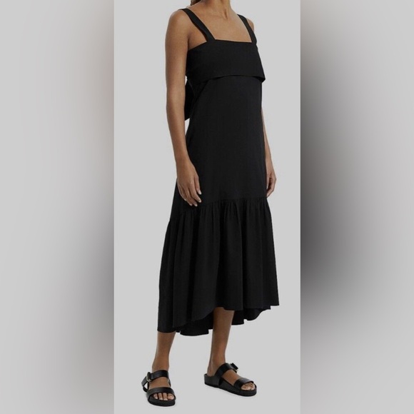 THEORY🖤Women's Fold Over Top Linen Blend Tie Back Midi Dress Square Neck (M) - Picture 1 of 9